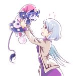  ? animal_ears commentary_request doremy_sweet doremy_sweet_(baku) guuchama hat jacket kishin_sagume lifting looking_at_another nightcap pom_pom_(clothes) purple_eyes red_eyes short_hair silver_hair simple_background single_wing sweat tail tapir tapir_ears tapir_tail touhou white_background wings 