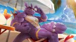  2018 abs anthro barefoot beach claws cloud digimon dragon eyewear fangs male muscular muscular_male nude pecs purple_skin red_eyes scalie sea seaside sitting sky solo sunglasses toe_claws tree waddledox water 