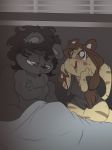  anthro bed black_fur black_hair bored bottomless brown_hair clothed clothing duo feline female fuf fuf_(character) fur hair half-closed_eyes hybrid male male/female mammal nude open_mouth sicmop_(character) ursine 