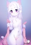  2018 anthro blush breasts cat featureless_breasts featureless_crotch feline female fur hair looking_at_viewer mammal niniidawns nude pink_nose purple_eyes small_breasts solo standing white_fur white_hair 
