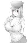  akitsu_maru_(kantai_collection) blush breasts cleavage closed_mouth commentary_request flying_sweatdrops gloves greyscale hair_between_eyes hat hometa kantai_collection large_breasts long_sleeves looking_at_viewer monochrome peaked_cap short_shorts shorts skirt smile solo spot_color sweater upper_body 