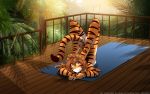  16:10 2018 anthro blush breasts brown_hair butt casual_nudity detailed_background digitigrade feline female flexible flora_(twokinds) foot_on_head forest fur hair hi_res keidran looking_at_viewer mammal multicolored_fur nude orange_fur outside side_boob smile solo striped_fur stripes tiger tom_fischbach tree twokinds webcomic white_fur yellow_eyes 
