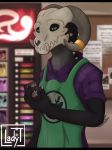  2018 anthro canine claws clothed clothing digital_media_(artwork) hi_res horn lady-t_(artist) male mammal monster safe safe_for_work smile solo teeth 