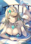  ass bare_shoulders bed bedroom blonde_hair blush breasts chromatic_aberration cleavage cleavage_cutout commentary_request day gem gold_trim hikari_(xenoblade_2) hinot indoors large_breasts long_hair looking_at_viewer neon_trim one-piece_swimsuit simple_background smile solo swimsuit tiara xenoblade_(series) xenoblade_2 yellow_eyes 