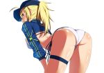  :o ahoge artoria_pendragon_(all) ass bangs baseball_cap bent_over bikini blue_eyes blue_hat blue_ribbon blush breasts eyebrows_visible_through_hair fate/grand_order fate_(series) from_behind hair_between_eyes hair_through_headwear hand_on_own_thigh hat highres kawaruhi large_breasts long_hair long_sleeves looking_at_viewer looking_back mysterious_heroine_xx_(foreigner) open_mouth profile ribbon shiny shiny_skin shrug_(clothing) side-tie_bikini sideboob simple_background skindentation solo swimsuit thigh_strap white_background white_bikini 