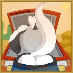  2018 anthro belt butt car clothed clothing digital_media_(artwork) english_text fixing fur hair hi_res male mammal muscular notkastar pants_down partially_clothed raised_tail signature skunk solo tagme text truck vehicle 
