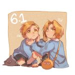 alphonse_elric antenna_hair bag blonde_hair blue_shirt brothers character_name edward_elric esu_(825098897) expressionless fingernails full_body fullmetal_alchemist hands_on_another's_face long_sleeves looking_back looking_up male_focus multiple_boys number orange_background shirt short_hair shorts siblings simple_background sitting socks white_background yellow_eyes younger 