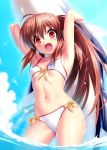  armpits arms_up bikini blue_sky breasts brown_hair cloud collarbone cowboy_shot day fang front-tie_top inflatable_toy inflatable_whale little_busters! long_hair looking_at_viewer natsume_rin navel open_mouth outdoors ponytail red_eyes side-tie_bikini sky small_breasts smile solo standing swimsuit wading water white_bikini zen 