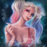 1girl blonde_hair blue_eyes breasts cigarette eyeshadow harley_quinn head_tilt holding holding_cigarette lipstick looking_at_viewer makeup medium_breasts multicolored_hair nail_polish olga_narhova parted_lips red_lipstick smoke smoking solo suicide_squad two-tone_hair 