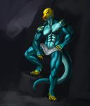  2018 5_fingers abs anthro biceps big_muscles blekarotva blue_scales claws collared_lizard deltoids digital_media_(artwork) lizard looking_at_viewer male monroe_(monroethelizard) muscular muscular_male pecs pinup pose quadriceps reptile scales scalie smile solo yellow_scales 
