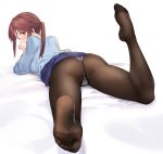  ass bangs blue_shirt blue_skirt blush brown_eyes brown_hair brown_legwear cameltoe commentary_request deneb_(noble324) eyebrows_visible_through_hair feet fine_fabric_emphasis full_body gusset heart highres idolmaster idolmaster_cinderella_girls legs long_hair long_sleeves looking_at_viewer looking_back lying mifune_miyu no_shoes on_stomach panties panties_under_pantyhose pantyhose ponytail pov_feet shirt simple_background skirt soles solo toe_seam toes twitter_username underwear white_background white_panties 