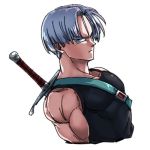  arms_at_sides black_shirt blue_eyes close-up dragon_ball dragon_ball_z dutch_angle frown looking_away lowres male_focus muscle profile purple_hair serious shirt short_hair simple_background sleeveless sleeveless_shirt st62svnexilf2p9 sword trunks_(dragon_ball) upper_body weapon white_background 