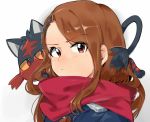  :/ bangs black_coat brown_hair coat creature_on_shoulder enpera eyebrows_visible_through_hair eyes_visible_through_hair from_side gen_7_pokemon idolmaster idolmaster_(classic) litten long_hair minase_iori pokemon pokemon_(creature) pokemon_(game) pokemon_sm portrait red_eyes red_scarf scarf shiny shiny_hair swept_bangs tuxedo_de_cat v-shaped_eyebrows white_background 