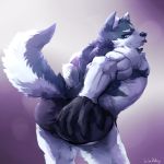  2016 anthro black_nose canine clothed clothing fur male mammal multicolored_fur muscular muscular_male rear_view solo standing tongue tongue_out topless two_tone_fur two_tone_tail waddledox wolf 