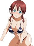  10s 1girl aqua_eyes barefoot bikini blush braid breasts brown_hair cleavage embarrassed emma_verde freckles frown huge_breasts looking_at_viewer love_live! navel perfect_dream_project simple_background solo striped striped_bikini suzumori_kuroku swimsuit twin_braids white_background 