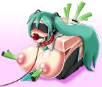  1girl anal anal_object_insertion ball_gag bar_censor bdsm between_breasts black_legwear blindfold blush bow breasts censored check_commentary collar commentary commentary_request crying decensor_request detached_collar double_penetration drooling gag gradient gradient_background green_hair green_neckwear hair_bow hatsune_miku headphones ikameshi_(artist) kneeling large_breasts leash multiple_insertions necktie necktie_between_breasts nipple_insertion nipple_penetration no_shoes object_insertion panties panties_aside pink_background pointless_censoring puffy_areolae red_collar simple_background snot solo spring_onion striped striped_panties sweat thighhighs topless twintails underwear vaginal vaginal_object_insertion vocaloid what 