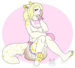  2018 4_toes anthro arctic_fox bib blonde_hair blush breasts canine clothed clothing diaper digital_media_(artwork) embarrassed english_text eyebrows eyelashes feces female fox fur hair long_hair looking_at_viewer mammal markings messy_diaper mittens multicolored_fur pacifier partially_clothed pawpads paws rileykit scat signature simple_background sitting soiling_diaper solo text toes valesti white_fur 