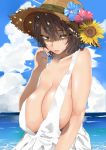  areola_slip areolae bangs breasts brown_hair cloud cloudy_sky collarbone day dress fingernails flower green_eyes half-closed_eyes hand_to_own_mouth hand_up hat hat_flower hat_ribbon highres huge_breasts justin_(sera_tony) large_breasts looking_at_viewer looking_to_the_side medium_hair no_bra ocean original outdoors parted_lips ribbon sagging_breasts sky sleeveless sleeveless_dress solo straw_hat sundress sunflower upper_body veins veiny_breasts water white_dress 