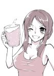  asazuki_norito beer_mug breasts cleavage cup drinking_glass ears_visible_through_hair greyscale grin holding holding_cup large_breasts lowres monochrome one_eye_closed original sidelocks smile solo tank_top tied_hair upper_body 