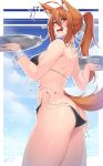  ahoge animal_ears ass back bare_shoulders bikini black_bikini blush brown_hair brown_tail fox_ears fox_tail highres jjune open_mouth original swimsuit tail tray wardrobe_malfunction 