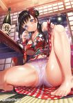  alcohol bare_shoulders barefoot black_hair bottle breasts cameltoe commentary_request cup drinking_glass flower hair_flower hair_ornament japanese_clothes kichiroku kimono long_hair moon original panties sake sake_bottle shot_glass sitting spread_legs sweat table tatami toes underwear white_panties 