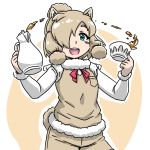  acesrulez alpaca_ears alpaca_suri_(kemono_friends) alpaca_tail animal_ear_fluff animal_ears blue_eyes blush breast_pocket commentary cowboy_shot cup fur_collar fur_trim hair_bun hair_over_one_eye hair_tubes kemono_friends long_sleeves neck_ribbon pocket ribbon shorts solo sweater_vest tail tea teacup teapot white_hair 