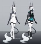  2018 anthro areola blue_eyes breasts canine clothed clothing digital_media_(artwork) digitigrade ear_piercing female hair hybrid jackal mammal mindmachine model_sheet navel nipples nude piercing pussy smile solo standing white_hair 