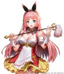  [saw] blue_eyes breasts cleavage cowboy_shot destiny_of_crown detached_collar detached_sleeves dress hairband highres large_breasts long_hair looking_at_viewer open_mouth pink_hair pointy_ears puffy_short_sleeves puffy_sleeves short_sleeves solo watermark white_background wrist_cuffs 