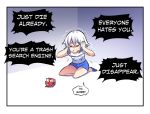 1girl bing comic corner covering_ears crying english eyes_closed gift hinghoi kneeling open_mouth pov scared shaded_face short_hair sweat trembling white_hair 