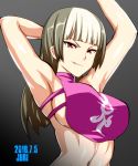  1girl armpits arms_up bangs bare_shoulders blunt_bangs breasts dated gradient gradient_background han_juri large_breasts long_hair looking_at_viewer multicolored_hair navel okyou red_eyes shiny shiny_skin sideboob smirk solo two-tone_hair upper_body 