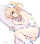  ass bangs bare_arms bare_shoulders blonde_hair blue_eyes blush bow breasts closed_mouth commentary_request copyright_request dakimakura_(object) dress eyebrows_visible_through_hair fingernails hair_between_eyes hair_bow long_hair looking_at_viewer lying minamoto_mamechichi on_side panties pillow pillow_hug sailor_collar sidelocks signature small_breasts solo strapless strapless_dress two_side_up underwear white_background white_bow white_dress white_legwear white_panties white_sailor_collar 