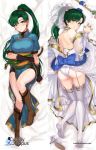  ass bangs bare_shoulders bed_sheet blush boots breasts brown_footwear closed_mouth commentary_request dakimakura dress earrings eyebrows_visible_through_hair fingerless_gloves fire_emblem fire_emblem:_rekka_no_ken fire_emblem_heroes full_body garter_straps gloves green_eyes green_hair high_heels highres jewelry knee_boots large_breasts lips logo long_hair looking_at_viewer lying lyndis_(fire_emblem) on_back on_stomach ormille panties pelvic_curtain petals ponytail short_sleeves shorts smile underwear wedding_dress white_dress white_legwear 