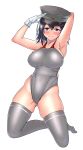  1girl absurdres aiuchi akitsu_maru_(kantai_collection) alternate_costume armpits arms_behind_head arms_up black_eyes black_hair black_hat blush breasts closed_mouth competition_swimsuit eyebrows_visible_through_hair full_body gloves grey_legwear grey_swimsuit hair_between_eyes hat highleg highres kantai_collection kneeling large_breasts looking_at_viewer military military_hat military_uniform one-piece_swimsuit peaked_cap short_hair simple_background smile solo swimsuit thighhighs uniform white_background white_gloves 