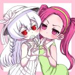  2girls bleach blush braid breast_hold breast_press breasts character_request dokugamine_riruka dress female flat_chest hairband hanya_(hanya_yashiki) hat long_hair looking_at_viewer multiple_girls open_mouth pink_eyes pink_hair red_eyes simple_background small_breasts sweat twintails white_background white_hair younger 