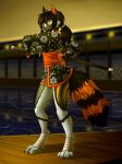 2018 4_toes amber_eyes anthro barefoot black_hair canine detailed_background digital_media_(artwork) digitigrade female hair holding_object holding_weapon mammal melee_weapon orange_eyes solo sword tales_foxdale toes weapon 