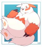  2018 ambiguous_gender anthro belly black_eyes black_nose blep blush border claws digital_media_(artwork) fur half-closed_eyes looking_at_viewer mammal nintendo overweight pok&eacute;mon pok&eacute;mon_(species) slightly_chubby solo tongue tongue_out video_games white_fur zangoose zangoose_day いお 