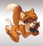  2018 4_toes anthro barefoot bedroom_eyes blue_eyes breasts brown_fur canine controller eyeshadow feet female fox fur hair half-closed_eyes hi_res licking looking_at_viewer makeup mammal nude open_mouth seductive simple_background siroc solo suggestive toes tongue tongue_out vela white_background 