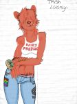  2018 bangs bear belly bisexual clothing crop_top digital_media_(artwork) english_text female female/female hair_over_eyes harpseal jeans lgbt male mammal nails pants pockets shirt short_ears slightly_chubby standing text trishia_loelnly 