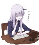  albino bags_under_eyes bangs book chair commentary desk drooling fate/grand_order fate_(series) grey_hair horn inkwell kitano_(kitanosnowwhite) lavinia_whateley_(fate/grand_order) long_hair messy_hair pale_skin paper pen pink_eyes saliva sleepy solo translation_request upper_body 