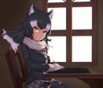  absolute_territory animal_humanoid black_hair blue_eyes blush breasts chair clothed clothing eyebrows_visible_through_hair eyelashes female gloves grey_wolf_(kemono_friends) hair heterochromia humanoid inner_ear_fluff kemono_friends legwear looking_at_viewer necktie shimu sitting skirt smile solo thigh_highs white_hair wolf_humanoid wrist_cuff yellow_eyes 