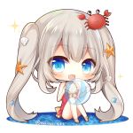  :d animal ball bangs bare_arms bare_shoulders beachball blue_eyes blush breasts chibi cleavage commentary crab eyebrows_visible_through_hair fate/grand_order fate_(series) hair_between_eyes hair_ornament holding holding_ball long_hair looking_at_viewer marie_antoinette_(fate/grand_order) marie_antoinette_(swimsuit_caster)_(fate) medium_breasts open_mouth red_swimsuit sandals seashell_hair_ornament silver_hair sitting smile solo sparkle starfish_hair_ornament swimsuit transparent twintails very_long_hair white_background yukiyuki_441 