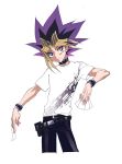 belt_collar black_pants bright_pupils card closed_mouth commentary_request cowboy_shot cropped_legs holding looking_at_viewer maruchi multicolored_hair pants pouch purple_eyes shirt short_sleeves simple_background smile spiked_hair standing white_background white_shirt wristband yami_yuugi yuu-gi-ou 