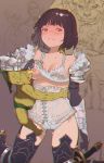  1girl armor black_hair blurry blush breast_sucking breasts brown_eyes erika_(shadowverse) goblin monster penis precum shadowverse small_breasts standing sweat sword tagme teenage weapon 