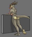  2016 anthro argonian barefoot butt feet female grey_background hi_res horn looking_at_viewer looking_back nude rear_view scalie simple_background siroc soles solo standing the_elder_scrolls video_games yellow_sclera 