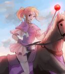  blonde_hair breasts capelet chikefu clarine cloud cloudy_sky fire_emblem fire_emblem:_fuuin_no_tsurugi frilled_skirt frills gloves highres horse horseback_riding looking_at_viewer medium_breasts miniskirt open_mouth ponytail purple_eyes purple_gloves reins riding shirt short_hair skirt sky solo staff thighhighs white_legwear white_skirt 