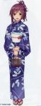  ahoge bangs brown_eyes eyebrows_visible_through_hair full_body hagikaze_(kantai_collection) hair_ornament hairclip highres japanese_clothes kantai_collection kimono konishi_(koconatu) leaf_print long_hair looking_at_viewer obi official_art ponytail print_kimono purple_hair purple_kimono sandals sash scan scan_artifacts sidelocks simple_background sleeves_past_wrists smile solo tareme yukata 