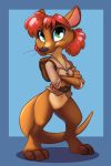  anthro bottomless clothed clothing featureless_crotch female fur green_eyes hair kangaroo looking_at_viewer mammal marsupial navel paws red_hair sheila_(spyro) shirt simple_background siroc smile solo 