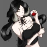  1girl black_hair breasts cleavage creatures_(company) dracaena_(pokemon) elite_four female game_freak large_breasts nintendo one_eye_closed poke_ball pokemon pokemon_(game) pokemon_xy solo upper_body wink yellow_eyes 