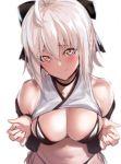  ahoge bikini blurry bow breasts choker cleavage commentary_request depth_of_field detached_sleeves fate/grand_order fate_(series) from_above hair_between_eyes hair_bow head_tilt looking_at_viewer medium_breasts navel okita_souji_(fate) okita_souji_(fate)_(all) short_hair side-tie_bikini simple_background sketch smile solo swimsuit ulrich_(tagaragakuin) white_background white_bikini white_hair yellow_eyes 
