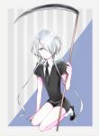  androgynous colored_eyelashes crystal_hair gem_uniform_(houseki_no_kuni) ghost_quartz_(houseki_no_kuni) hair_over_one_eye highres houseki_no_kuni looking_at_viewer necktie nekotamago scythe short_hair_with_long_locks silver_eyes silver_hair sitting smile solo weapon white_eyes white_hair 